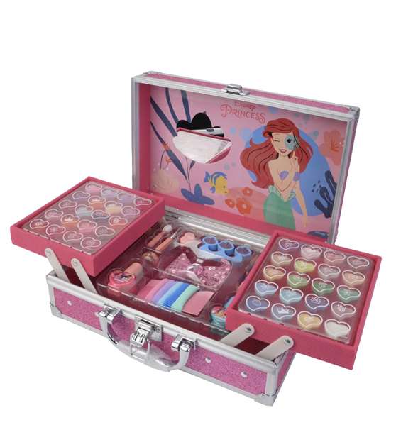 Markwins - Mallette de maquillage métallique Princesses 25x19,5x8,7 cm - Coffret maquillage enfant à partir de 3 ans avec brillants à lèvres, ombres, vernis et accessoires