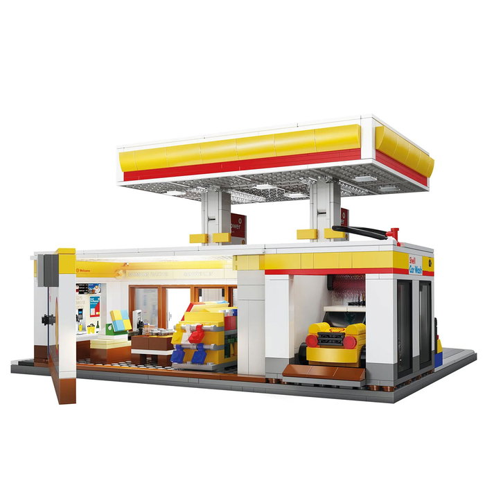 CaDA Station-Service Shell 1309 Pièces - Maquette de Construction Officielle - Station de Carburant avec Éclairage et Boutique Ouverte - pour Enfants 8 ans et Plus