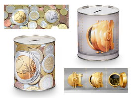 Pincello Tirelire Métal 1K Pièces Assorties Impression Lithographiée 10x11x10 cm (Set de 12)