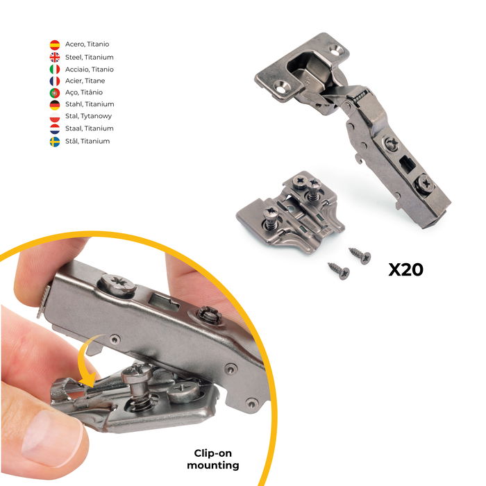 Emuca Lot de 20 charnières coudées X91 avec fermeture amortie et embases Euro, hauteur 0, nickelé, titane Emuca Lot de 20 charnières coudées X91 avec fermeture amortie et embases Euro, hauteur 0, nickelé, titane