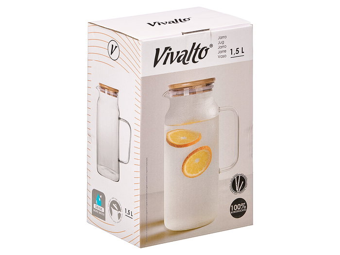VIVALTO Carafe carrée en borosilicate avec couvercle en bambou 1,5L VIVALTO Carafe carrée en borosilicate avec couvercle en bambou 1,5L