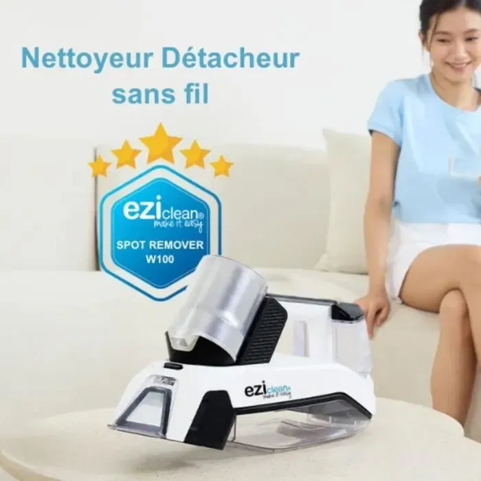 Eziclean Shampouineuse sans fil EZICLEAN SPOT REMOVER W100 - Aspiration 15000 Pa - Autonomie 20 min - Réservoir 0.5 L - 60 W - Blanc/Gris Eziclean Shampouineuse sans fil EZICLEAN SPOT REMOVER W100 - Aspiration 15000 Pa - Autonomie 20 min - Réservoir 0.5 L - 60 W - Blanc/Gris