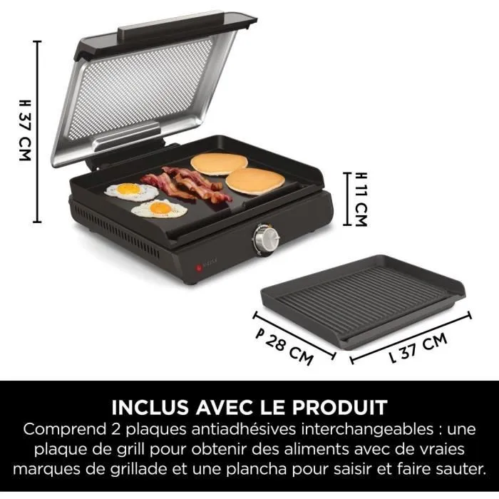 Ninja GR101EU Sizzle - Grill et Plancha intérieur - Cuisson haute température jusqu'à 260°C - Surface 34x8,5cm