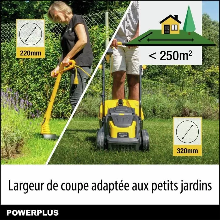 Powerplus POWXG62205T - Kit tondeuse à gazon électrique 1300 W 32 cm et coupe-bordures 250 W 22 cm - Entretien pelouse jusqu'à 250 m²