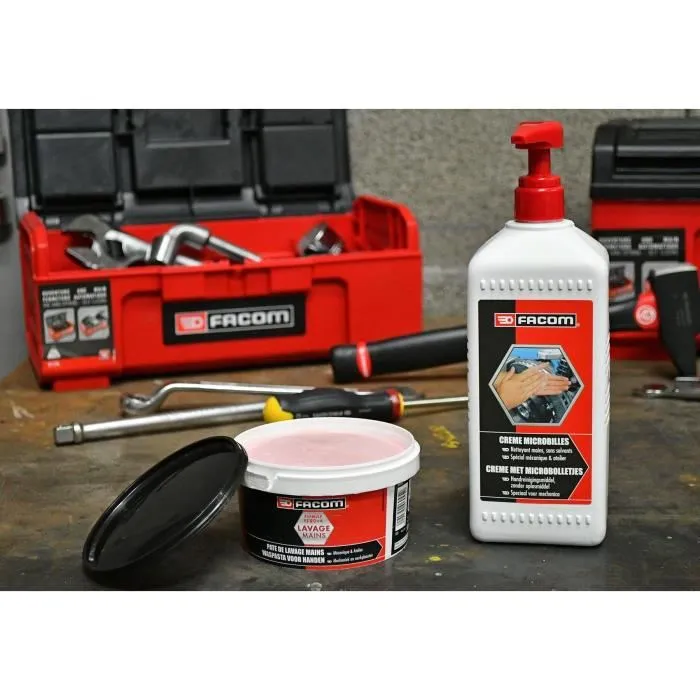 Facom - Savon à microbilles concentré 1L avec pompe doseuse pour lavage fréquent des mains, élimine graisse, encres et salissures tenaces