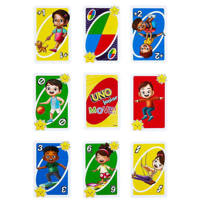 Mattel Games UNO Junior Move! Jeu de cartes pour enfants et familles - Multilingue (Anglais, Français, Allemand, Italien, Espagnol) - Recommandé +3 ans