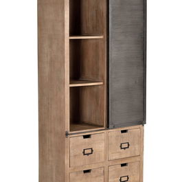 GINER Y COLOMER Buffet industriel en bois de manguier et métal, 4 tiroirs et 1 porte coulissante, couleur naturel, finition noyer foncé