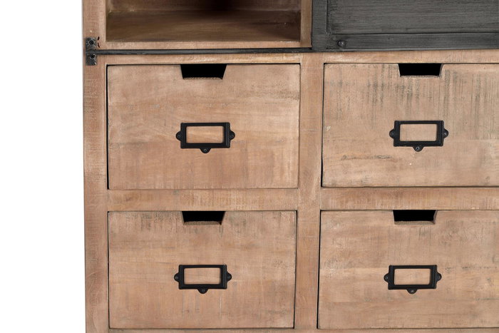 GINER Y COLOMER Buffet industriel en bois de manguier et métal, 4 tiroirs et 1 porte coulissante, couleur naturel, finition noyer foncé