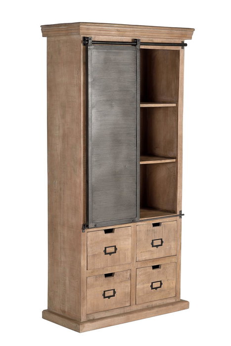 GINER Y COLOMER Buffet industriel en bois de manguier et métal, 4 tiroirs et 1 porte coulissante, couleur naturel, finition noyer foncé