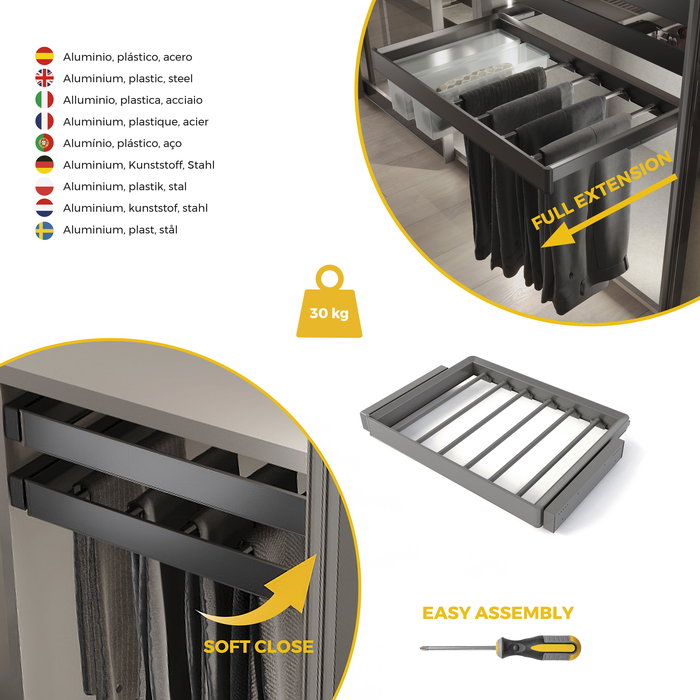 Emuca Kit de porte-pantalon à 7tringles et rack ajustable Quartz pour armoires, glissières extension totale et à fermeture douce, Module 70cm, Finition Titane Emuca Kit de porte-pantalon à 7tringles et rack ajustable Quartz pour armoires, glissières extension totale et à fermeture douce, Module 70cm, Finition Titane