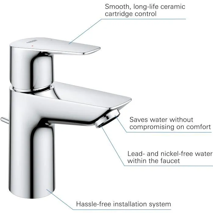 GROHE Mitigeur de lavabo monocommande, bec droit chromé, système d'économie d'eau, taille S (174 mm), garantie 5 ans