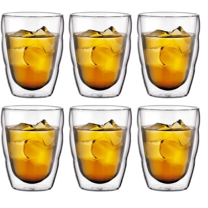 Bodum Set de 6 verres double paroi Pilatus - Verre borosilicate thermo isolant 0.25L - Transparent - Résistant micro-ondes et lave-vaisselle Bodum Set de 6 verres double paroi Pilatus - Verre borosilicate thermo isolant 0.25L - Transparent - Résistant micro-ondes et lave-vaisselle