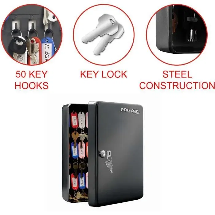 Master Lock Armoire à clés 50 clés M, en acier, verrouillage par clé, livrée avec 2 clés, porte-clés et étiquettes, kit de montage, noir Master Lock Armoire à clés 50 clés M, en acier, verrouillage par clé, livrée avec 2 clés, porte-clés et étiquettes, kit de montage, noir