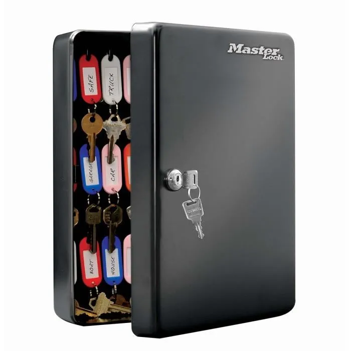 Master Lock Armoire à clés 50 clés M, en acier, verrouillage par clé, livrée avec 2 clés, porte-clés et étiquettes, kit de montage, noir Master Lock Armoire à clés 50 clés M, en acier, verrouillage par clé, livrée avec 2 clés, porte-clés et étiquettes, kit de montage, noir