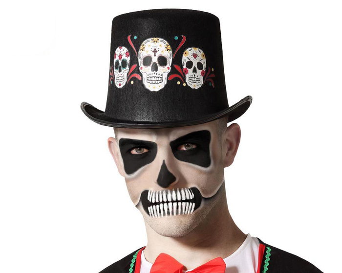Sombrero mexicain chistera noir décoré de calaveras pour costumes du Jour des morts, accessoire fête traditionnelle Sombrero mexicain chistera noir décoré de calaveras pour costumes du Jour des morts, accessoire fête traditionnelle