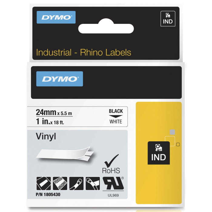 Dymo Rhino Coloured Vinyl Noir sur Blanc 24 mm x 5,5 m