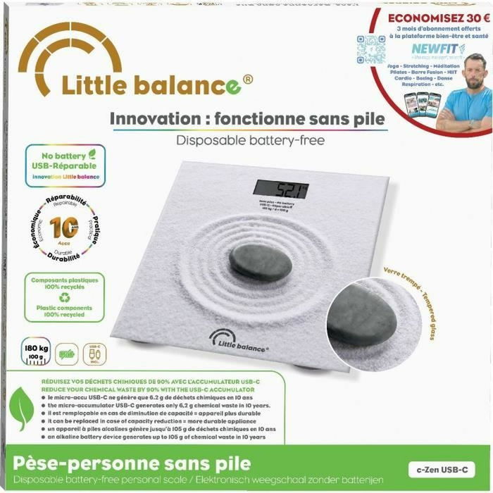 Little Balance - Pèse-personne Zen rechargeable USB-C, Plateau verre trempé 28x28 cm, Écran LCD, 180 kg max, 100 g de précision, Matière recyclée