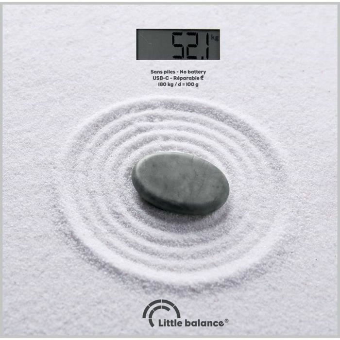 Little Balance - Pèse-personne Zen rechargeable USB-C, Plateau verre trempé 28x28 cm, Écran LCD, 180 kg max, 100 g de précision, Matière recyclée