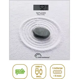 Little Balance - Pèse-personne Zen rechargeable USB-C, Plateau verre trempé 28x28 cm, Écran LCD, 180 kg max, 100 g de précision, Matière recyclée