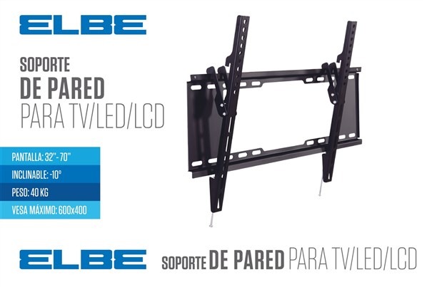 Elbe SP-3270-I Support mural inclinable pour téléviseurs 81-178 cm (32'-70'), charge max 40 kg, inclinaison 10°, compatible VESA jusqu'à 600x400, noir