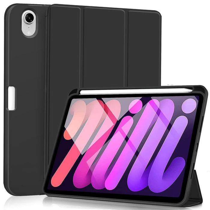eSTUFF Étui pour iPad Mini 7/6/5 MIAMI avec Port de Chargement pour Stylet et Support - Coque TPU et Fermeture Magnétique - Noir/Transparent
