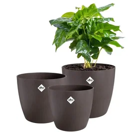Elho The Coffee Collection - Lot de 3 pots de fleurs ronds en marc de café recyclé - Couleur espresso - Ø14xH12,6cm, Ø16xH14,7cm, Ø18xH16,8cm - 7 litres