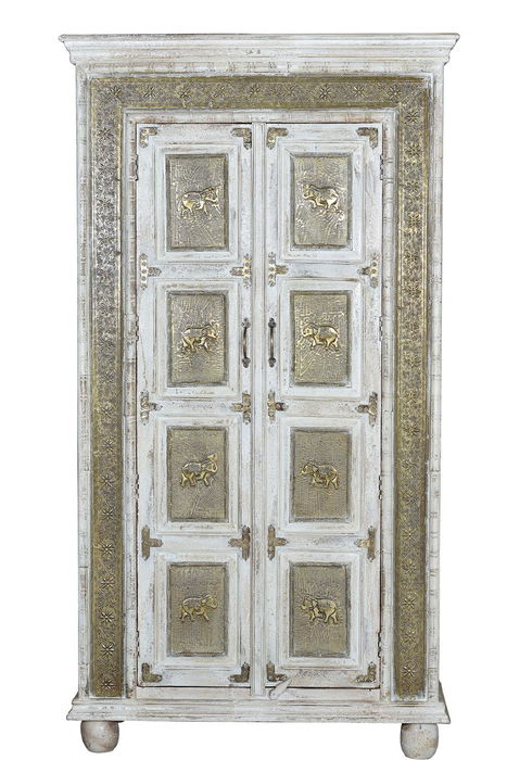 GINER Y COLOMER Armoire en Bois de Manguier Blanc Vieilli avec Finition Craquelé et Détails en Bronze