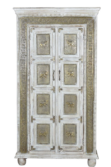 GINER Y COLOMER Armoire en Bois de Manguier Blanc Vieilli avec Finition Craquelé et Détails en Bronze