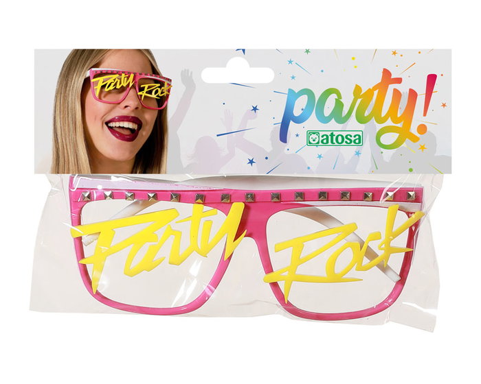 Lunettes de fête roses à motifs texte 'Party Rock' jaune pour soirées déguisées, fêtes des années 80, festivals et enterrements de vie de célibataire