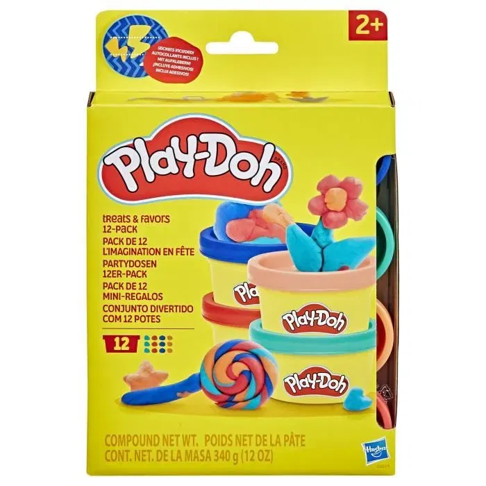 Play-Doh Pack de 12 pots L'Imagination en fête, pâte à modeler 28 g avec autocollants, loisirs créatifs pour enfants dès 2 ans, cadeau