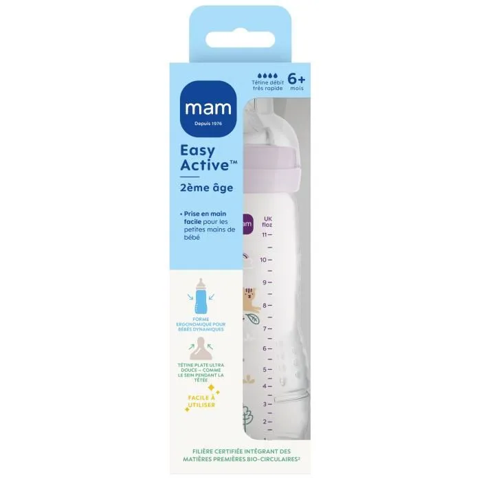 MAM - Easy Active - Biberon 2ème âge - 330 ml - +6 mois - Tétine débit X - Forme ergonomique - Lilas - Matériaux bio-circulaires