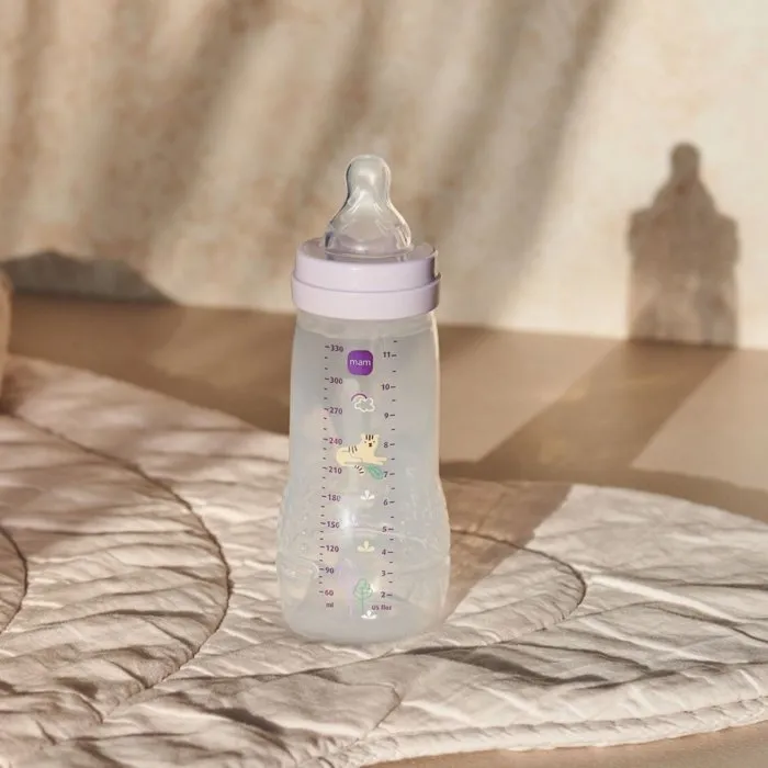 MAM - Easy Active - Biberon 2ème âge - 330 ml - +6 mois - Tétine débit X - Forme ergonomique - Lilas - Matériaux bio-circulaires
