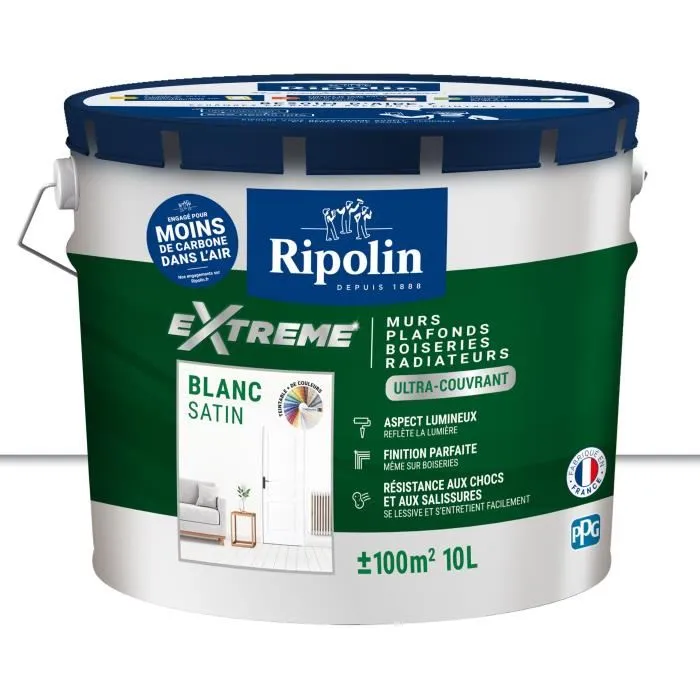 Ripolin - Peinture monocouche murs et plafonds blanc satin ultra couvrante, 10 litres
