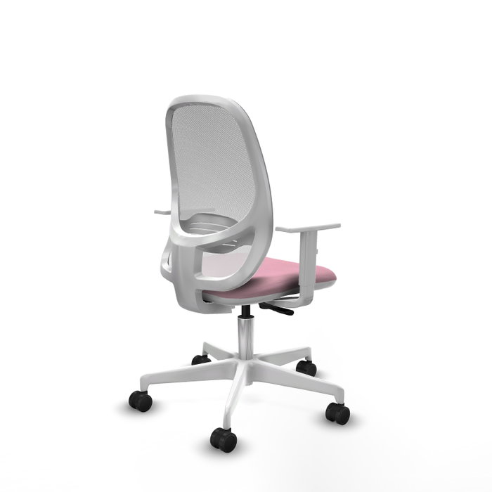 Chaise Cilanco Synchro 3 positions tissu Rose Maille Blanc Structure polyamide blanc Accoudoirs blancs Sans appui-tête Roulettes 65mm nylon