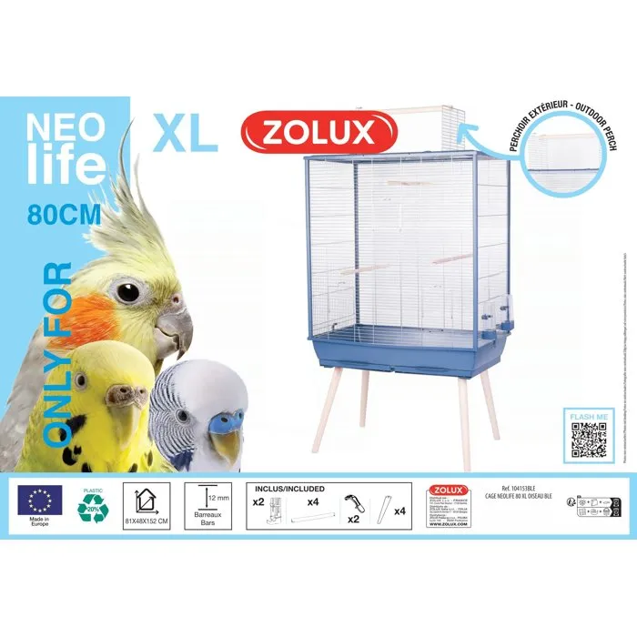 ZOLUX Cage surélevée NéoLife pour oiseaux - Perruche, Calopsitte, Canari - 81 x 48 x 152 cm, Bleu, 4 perchoirs, mangeoires ZOLUX Cage surélevée NéoLife pour oiseaux - Perruche, Calopsitte, Canari - 81 x 48 x 152 cm, Bleu, 4 perchoirs, mangeoires