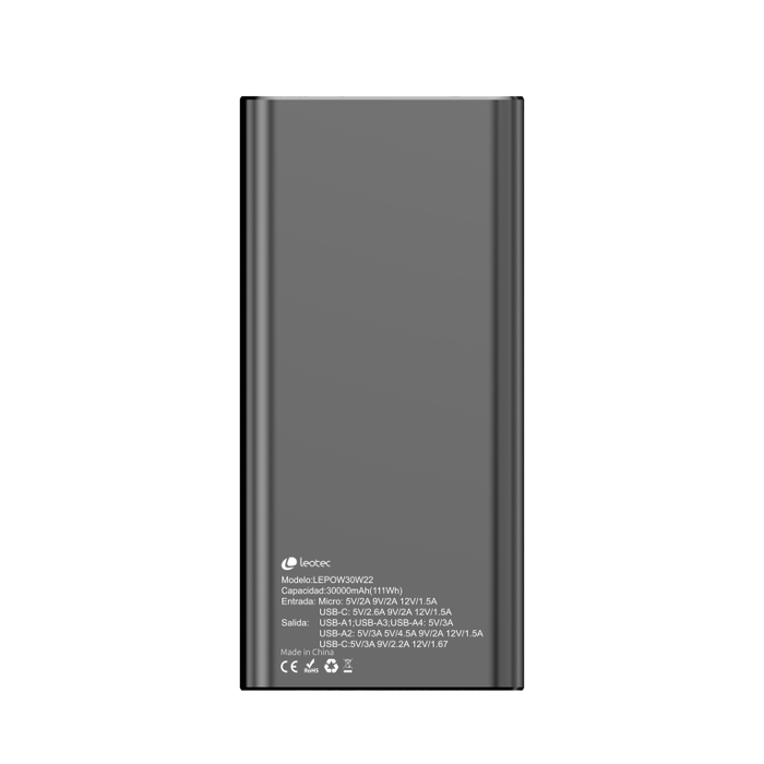 Leotec Powerbank 30000mAh 22,5W PD20W Noir - Batterie Externe USB-C avec Écran LCD