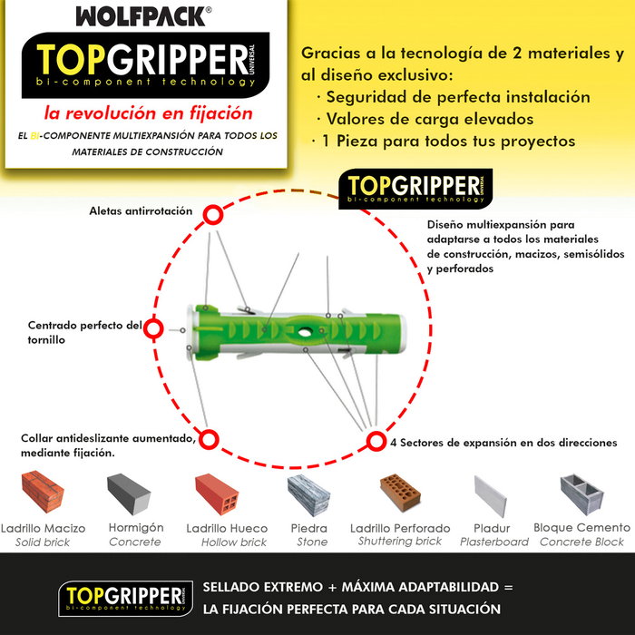 WOLFPACK LINEA PROFESIONAL Blister de chevilles Topgripper bimatériau Ø 10 mm avec vis Ø 6 x 60 mm (10 pièces)