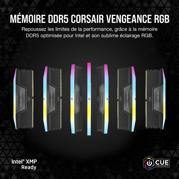 Corsair CMH64GX5M2B5200C40 Mémoire RAM Vengeance RGB DDR5 64 GB (2x 32 GB) 5200 MT/s CL40 Noir Corsair CMH64GX5M2B5200C40 Mémoire RAM Vengeance RGB DDR5 64 GB (2x 32 GB) 5200 MT/s CL40 Noir