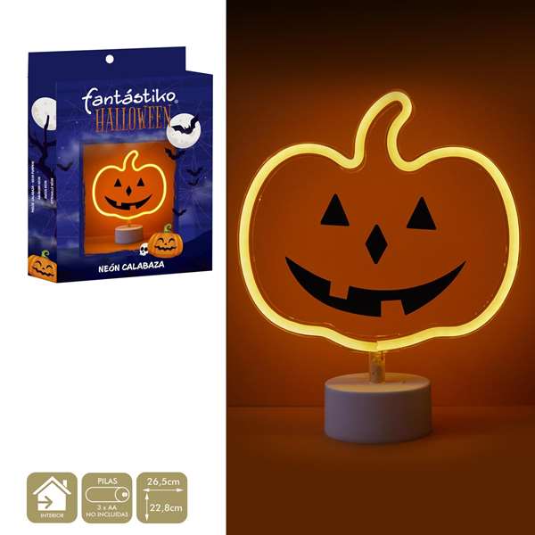 Juinsa Décoration citrouille halloween avec support et lumière néon - Environ 26,5 x 22,8 cm