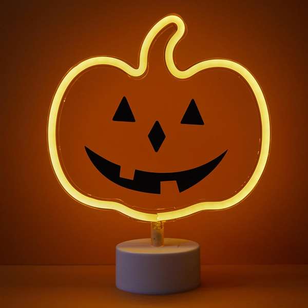 Juinsa Décoration citrouille halloween avec support et lumière néon - Environ 26,5 x 22,8 cm
