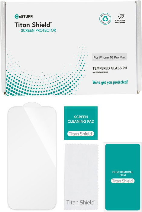 eSTUFF Protecteur d'écran Titan Shield Infinite en verre recyclé 9H - Lot Bulk 50 pièces pour iPhone 16 Pro Max