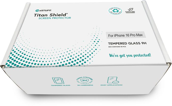 eSTUFF Protecteur d'écran Titan Shield Infinite en verre recyclé 9H - Lot Bulk 50 pièces pour iPhone 16 Pro Max