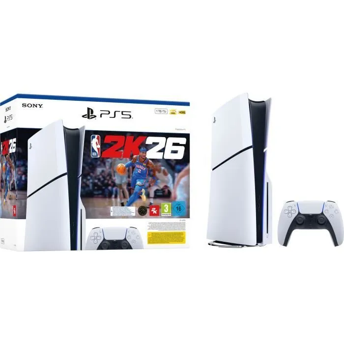 Sony CFI-2000A01 Console PS5 Slim 1TB avec Blu-ray et jeu NBA 2K26 inclus - Édition Blanche