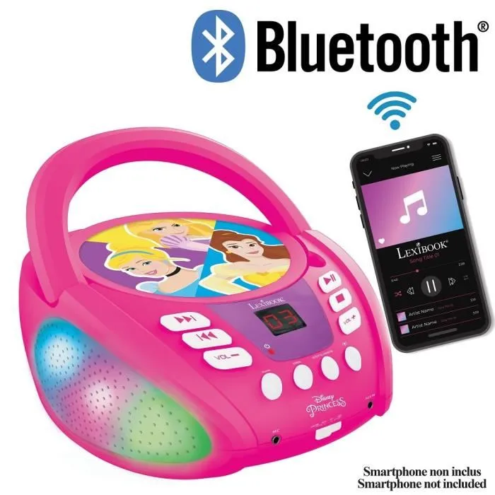 Lexibook LECTEUR CD Bluetooth Disney Princess - Lecteur CD enfant avec effets lumineux multicolores, Bluetooth 5.0, prise auxiliaire et micro, portable