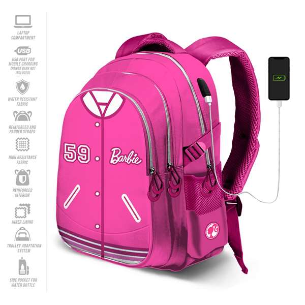Barbie - Sac à dos Run Plus Fan Varsity - Capacité XXL, compartiments multiples, dos aéré, port USB, repoussant l'eau - Dimensions 44x34x21 cm