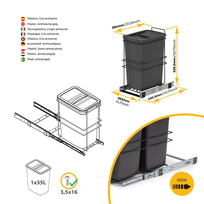 Emuca Poubelle de recyclage Recycle pour cuisine, 35 L, fixation par le bas et extraction manuelle, Plastique gris antracite