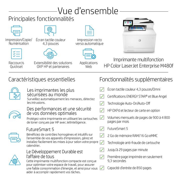 HP Imprimante multifonction couleur Laser - Impression jusqu'à 27 ppm, copie, scan, fax, recto-verso, écran TFT, USB - Format A4, résolution 600 x 600 ppp