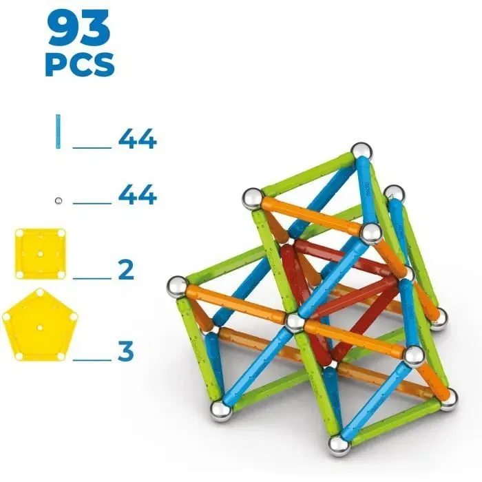 GEOMAG - Jeu de Construction Magnétique Supercolor 93 Pièces - Blocs Aimantés - Éducatif & Créatif pour Enfants dès 3 Ans - Modèle 385 - 100% Plastique Recyclé
