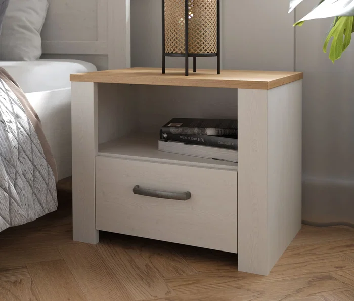 Chevet BOHOL 1 tiroir et 1 niche en chêne et blanc - Dimensions: 61,6 x 42 x 52 cm