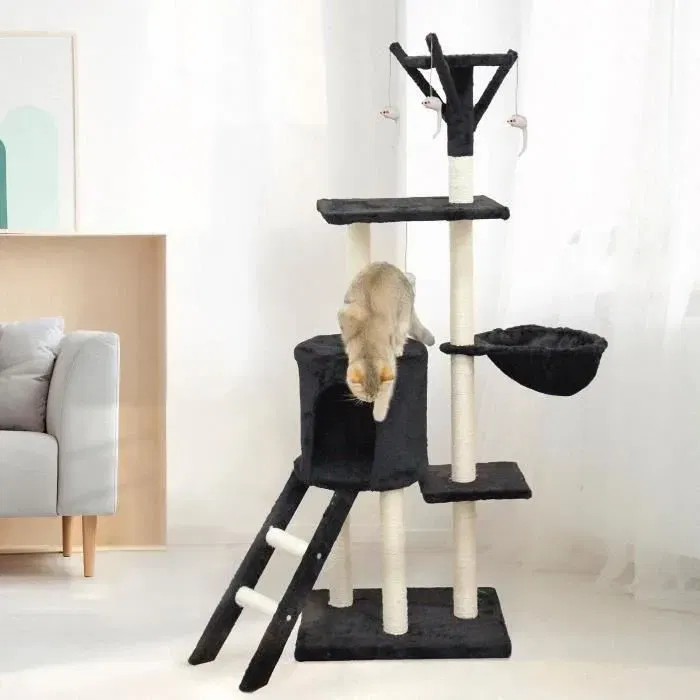 JIPSY Arbre à chat noir avec niche, perchoir et plateformes - Modèle ALC14 - 79 x 34 x 138 cm